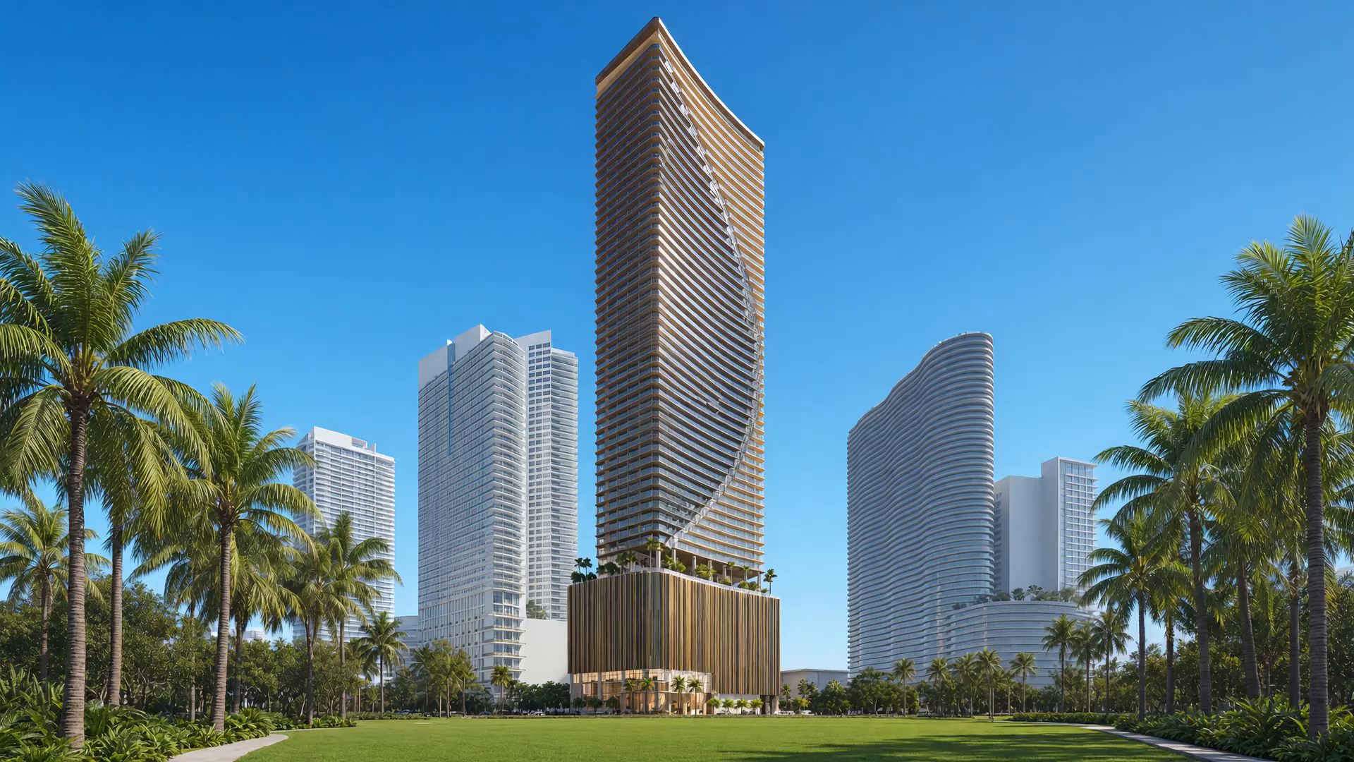 Render derivado de materiales del desarrollador de una torre frente al agua con un podio de aletas verticales al anochecer sobre la bahía — sin personas, sin marcas.