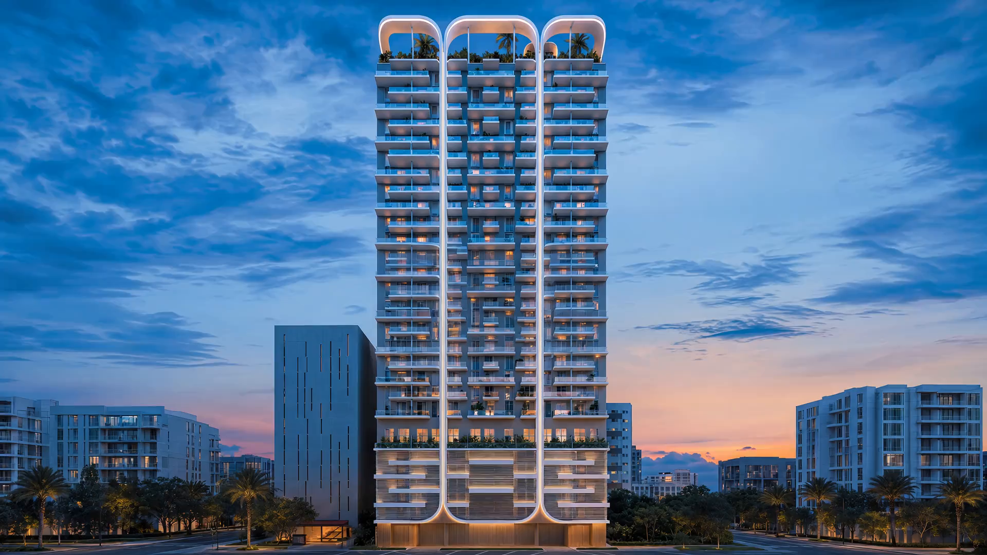 Render derivado de materiales del desarrollador de una torre blanca en Miami con tres arcos verticales iluminados al anochecer — sin personas, sin marcas.