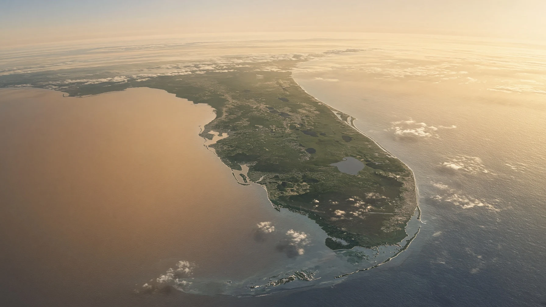 Aerial view of the Florida peninsula and coastline at golden hour, standing in for open land and development sites — a dedicated land/terrain photograph is still needed. No people, no labels.