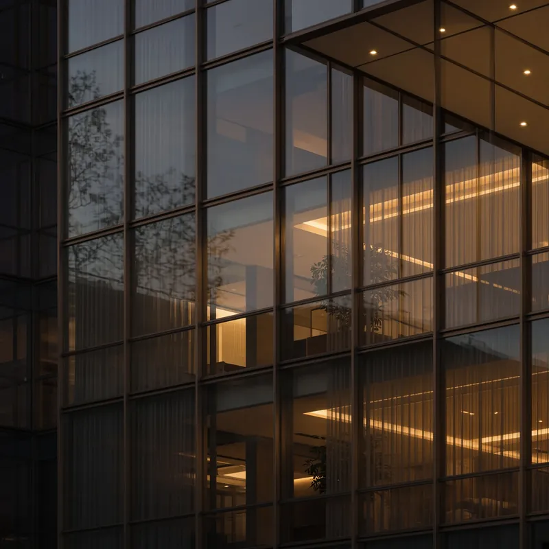 Low-rise office building exterior at dusk, corporate glass façade. No people, no signage.